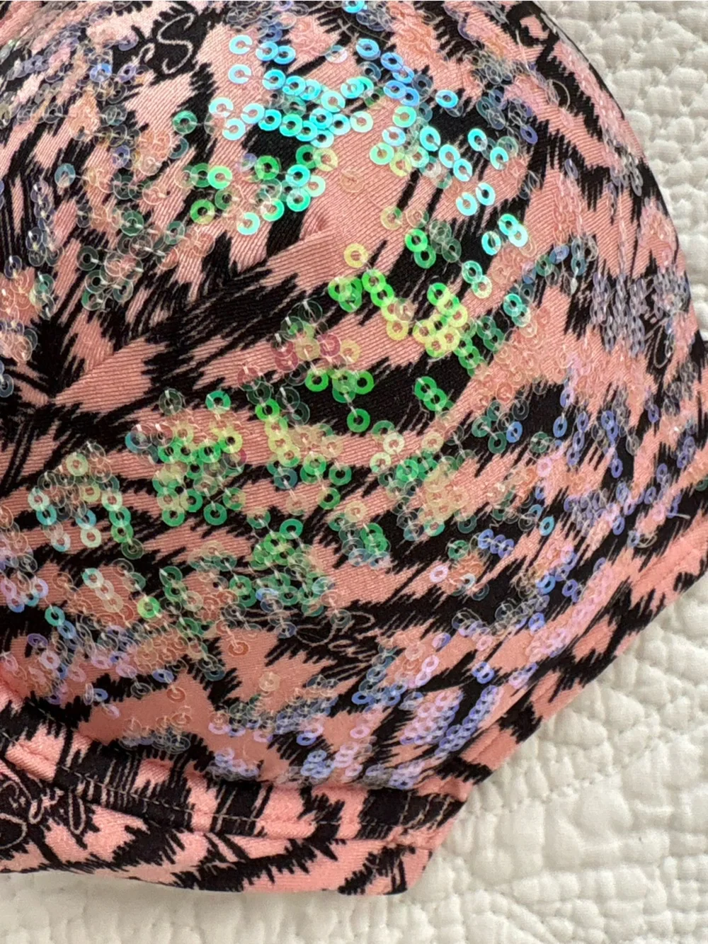Victoria’s Secret Padded Push-Up Bikini Top. Blush/black w/clear sequins 34C